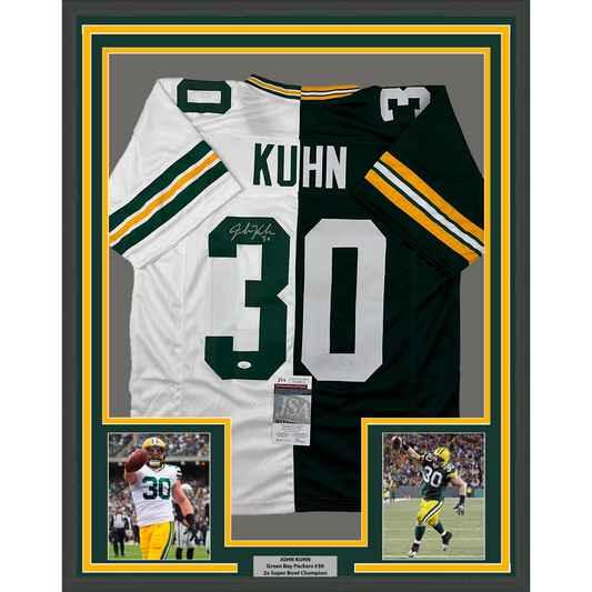 Framed Autographed/Signed John Kuhn 35x39 Green Bay Split Green/White Football Jersey JSA COA