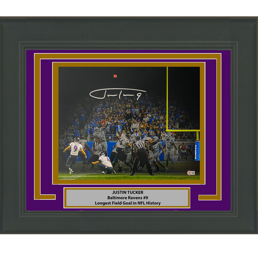 Framed Autographed/Signed Justin Tucker Baltimore Ravens 61 Yd GW FG 16x20 Football Photo Beckett BAS COA