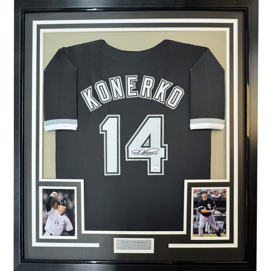 Framed Autographed/Signed Paul Konerko 35x39 Chicago Black Baseball Jersey JSA COA