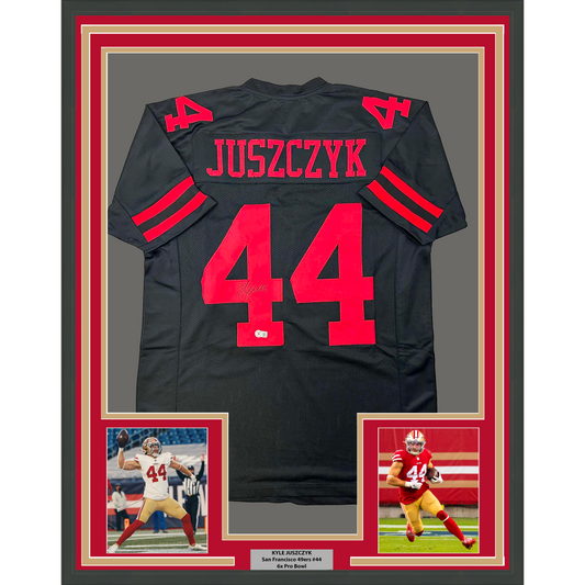Framed Autographed/Signed Kyle Juszczyk 35x39 San Francisco Black Football Jersey Beckett BAS COA