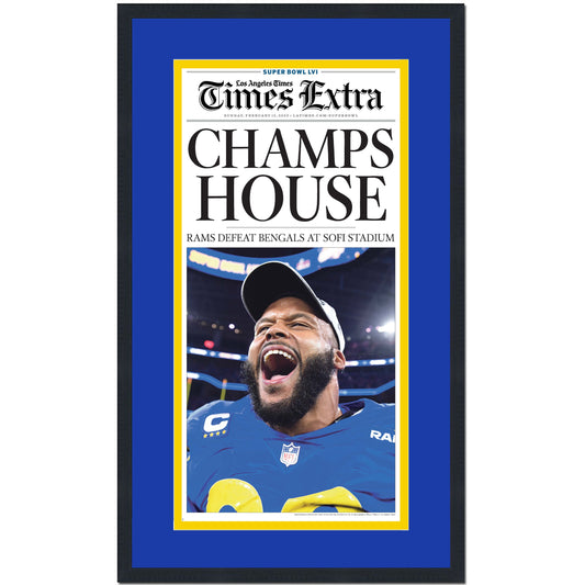 Framed Los Angeles Times Extra Champs House LA Rams Super Bowl LVI 56 Champions 14x24 Football Newspaper Cover Photo Professionally Matted V3