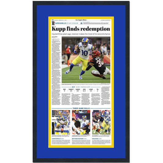Framed Los Angeles Times Kupp Finds Redemption LA Rams Super Bowl LVI 56 Champions 14x24 Football Newspaper Cover Photo Professionally Matted V4
