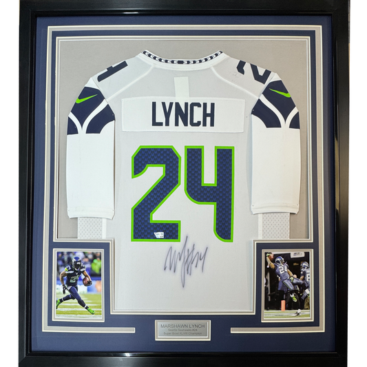 Framed Autographed/Signed Marshawn Lynch 35x39 Seattle Seahawks White Football Jersey Fanatics COA