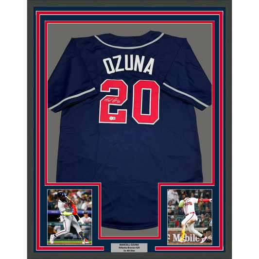 Framed Autographed/Signed Marcell Ozuna 35x39 Atlanta Blue Baseball Jersey Beckett BAS COA
