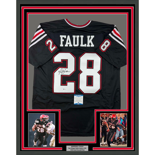 Framed Autographed/Signed Marshall Faulk 35x39 San Diego State Black College Football Jersey Beckett BAS COA