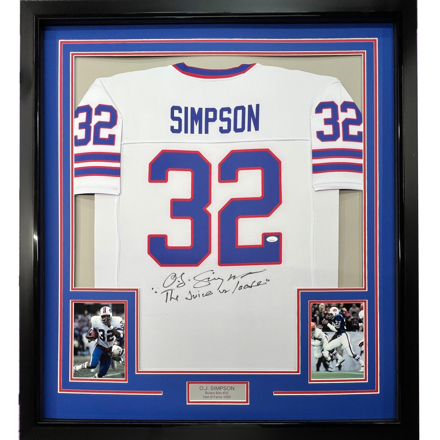 Framed Autographed/Signed OJ O.J. Simpson 35x39 The Juice Buffalo White Football Jersey JSA COA