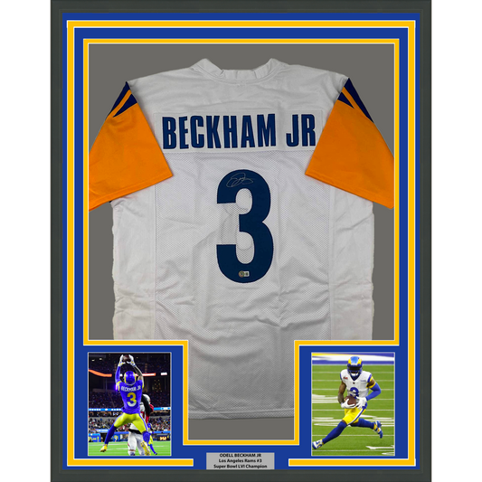 Framed Autographed/Signed Odell Beckham Jr. 35x39 OBJ Los Angeles LA White Football Jersey Beckett BAS COA