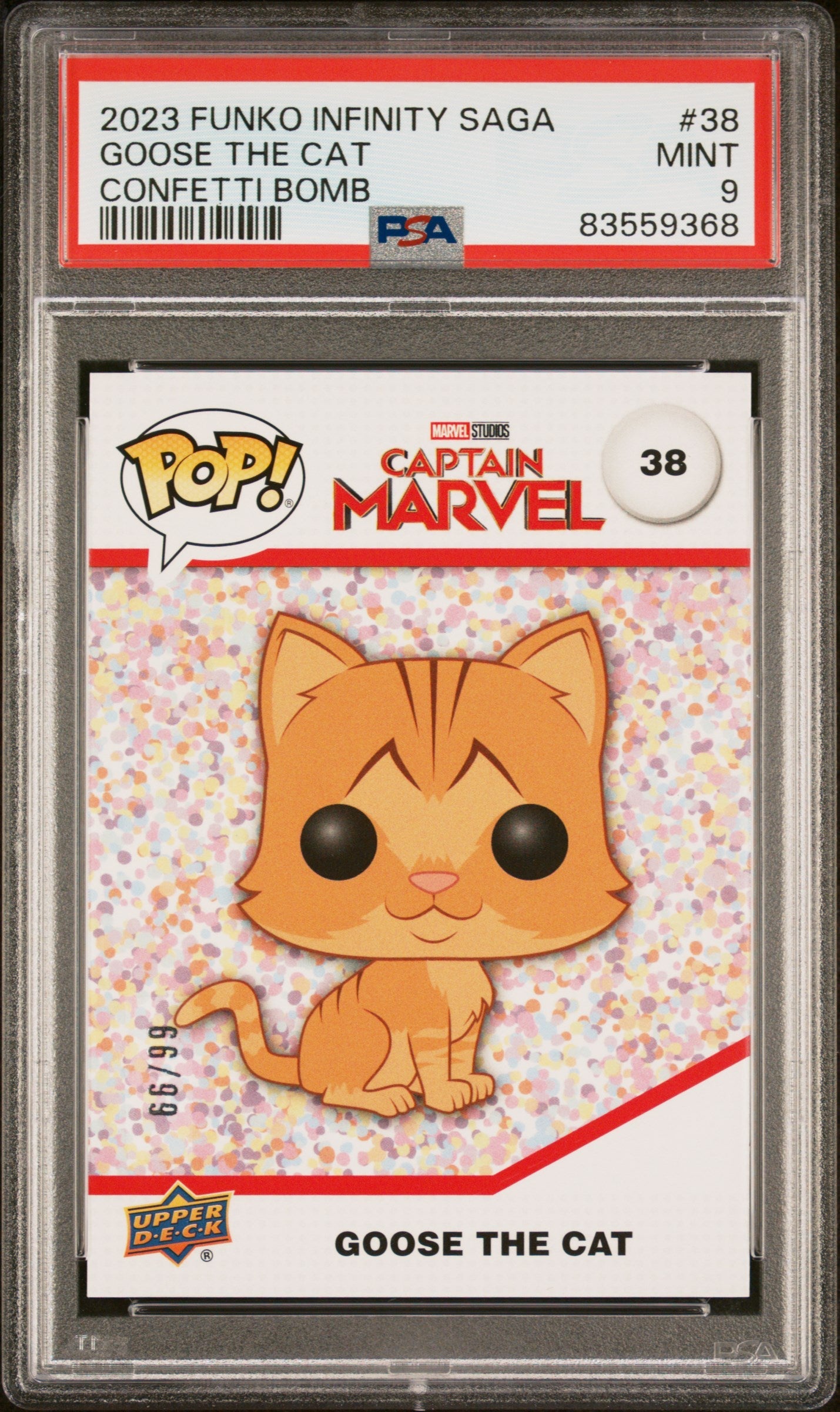 2023 UPPER DECK FUNKO POP MARVEL  GOOSE THE CAT CONFETTI BOMB #38  PSA 9