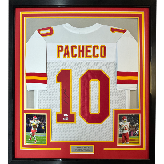 Framed Autographed/Signed Isiah Pacheco 35x39 Kansas City White Football Jersey JSA COA