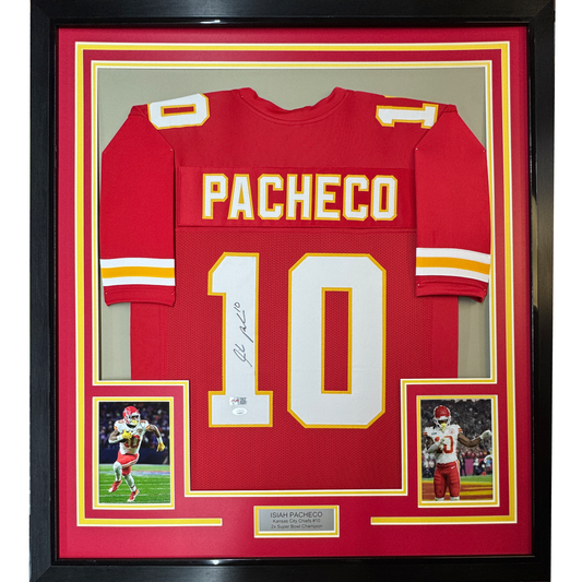 Framed Autographed/Signed Isiah Pacheco 35x39 Kansas City Red Football Jersey JSA COA