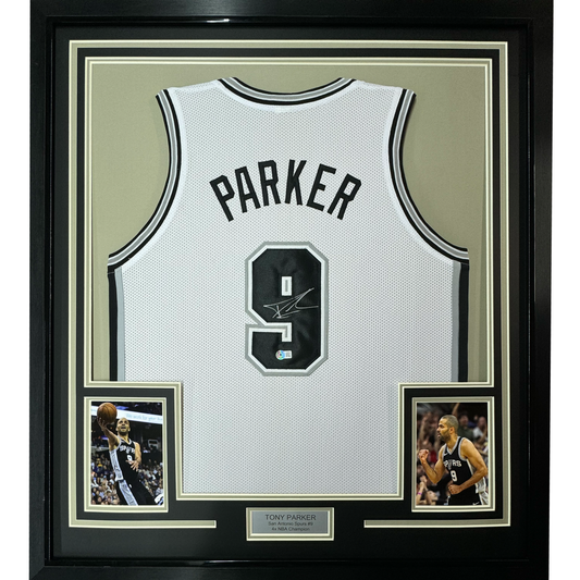 Framed Autographed/Signed Tony Parker 35x39 San Antonio White Basketball Jersey Beckett BAS COA