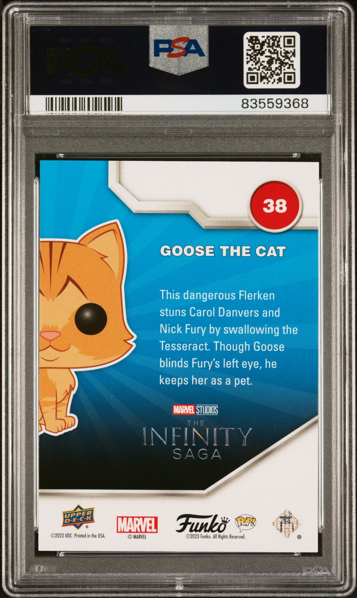 2023 UPPER DECK FUNKO POP MARVEL  GOOSE THE CAT CONFETTI BOMB #38  PSA 9