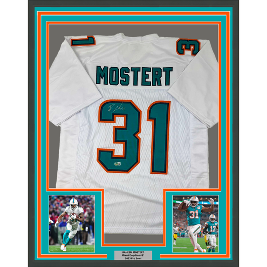 Framed Autographed/Signed Raheem Mostert 35x39 Miami White Football Jersey Beckett BAS COA