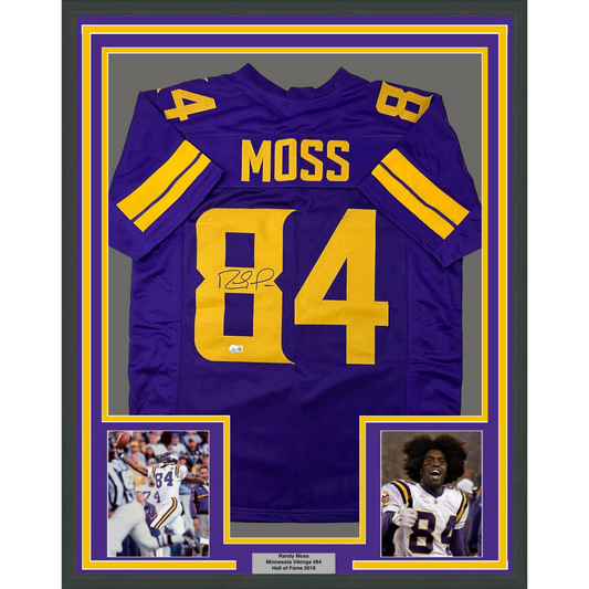 Framed Autographed/Signed Randy Moss 35x39 Minnesota Color Rush Purple Football Jersey Beckett BAS COA