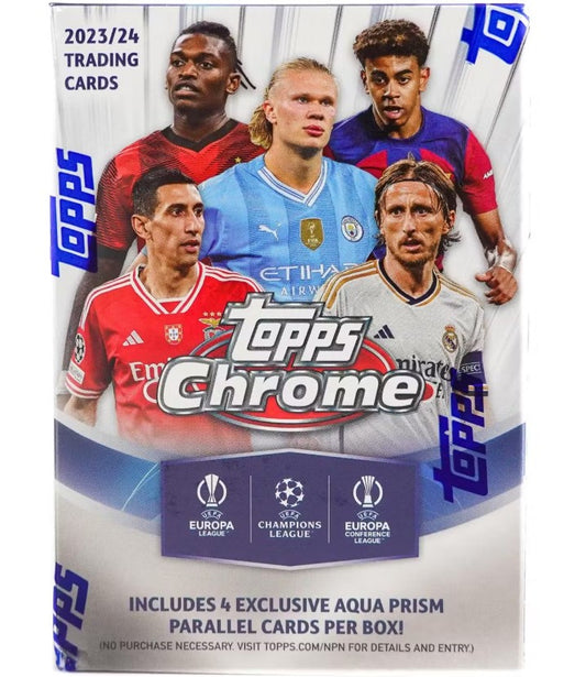 Caja de 7 fichas de fútbol de competiciones de clubes de la UEFA Topps Chrome 2023/24