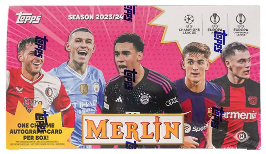 Caja de pasatiempos de fútbol de competiciones de clubes de la UEFA Topps Chrome Merlin 2023/24