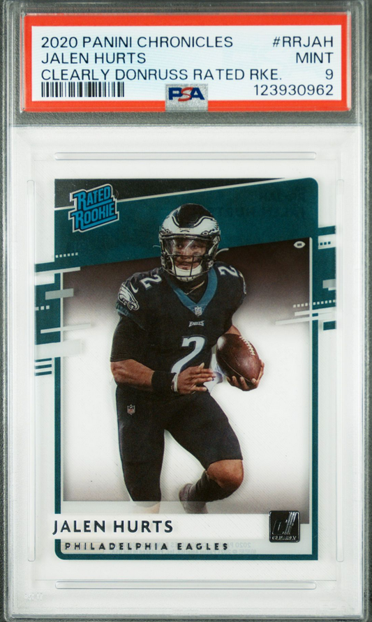 Graded 2020 Panini Chronicles Jalen Hurts #RRJAH Clearly Donruss Rated Rookie RC Football Card PSA 9 Mint