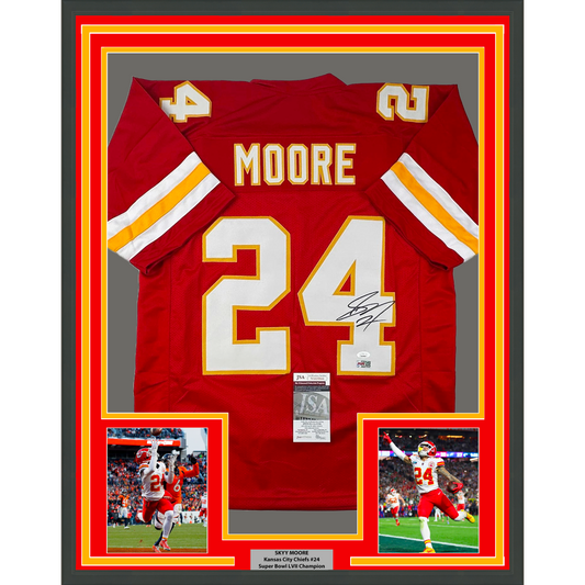 Framed Autographed/Signed Skyy Moore 35x39 Kansas City Red Football Jersey JSA COA