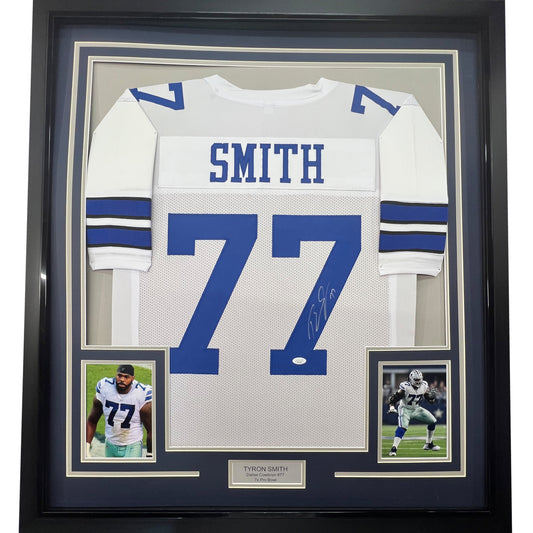 Framed Autographed/Signed Tyron Smith 35x39 Dallas White Football Jersey JSA COA