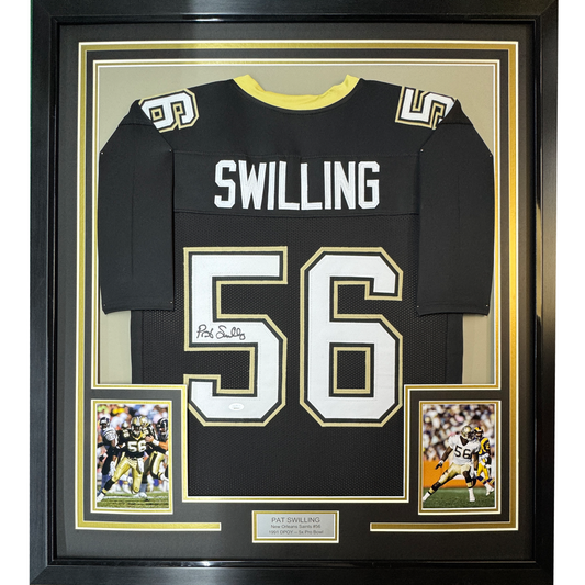 Framed Autographed/Signed Pat Swilling 35x39 New Orleans Black Football Jersey JSA COA