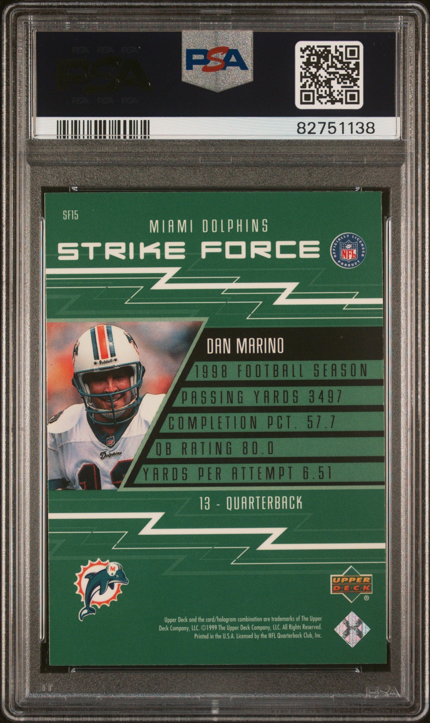 1999 UPPER DECK STRIKE FORCE DAN MARINO #SF15 - PSA 10