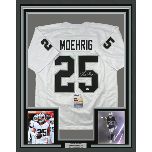 Framed Autographed/Signed Trevon Moehrig 35x39 Las Vegas Oakland White Football Jersey JSA COA