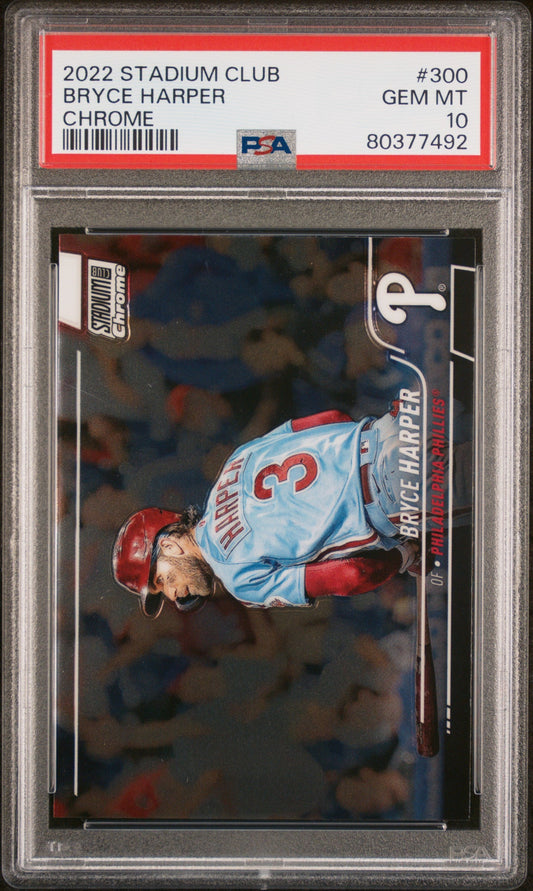 Graded 2022 Topps Stadium Club Bryce Harper #300 Chrome Baseball Card PSA 10 Gem Mint