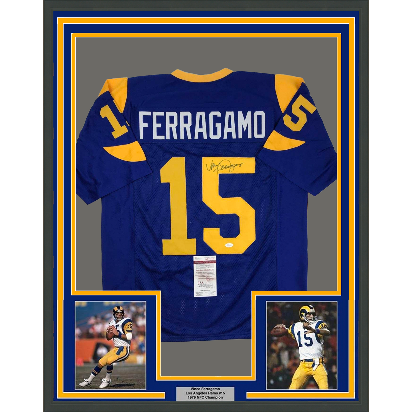 Framed Autographed/Signed Vince Ferragamo 35x39 Los Angeles LA Rams Blue Football Jersey JSA COA