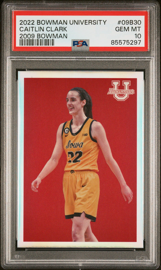 Graded 2022 Topps Bowman University Caitlin Clark #09B30 2009 Bowman Rookie RC Basketball Card PSA 10 Gem Mint