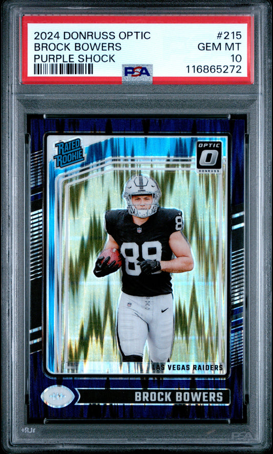 Graded 2024 Panini Donruss Optic Brock Bowers #215 Purple Shock Rookie RC Football Card PSA 10 Gem Mint