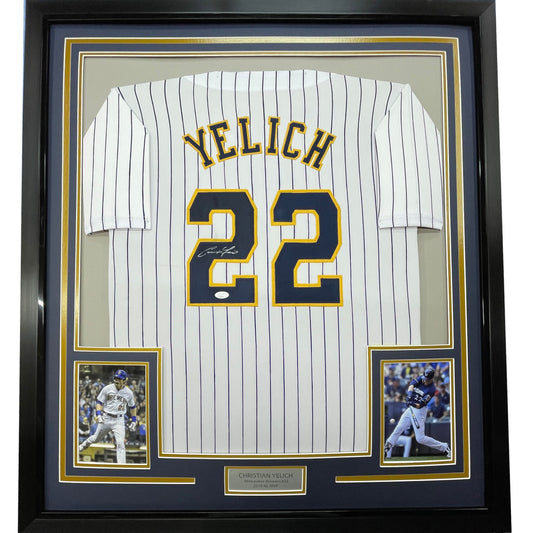 Framed Autographed/Signed Christian Yelich 35x39 Milwaukee Pinstripe Baseball Jersey JSA COA