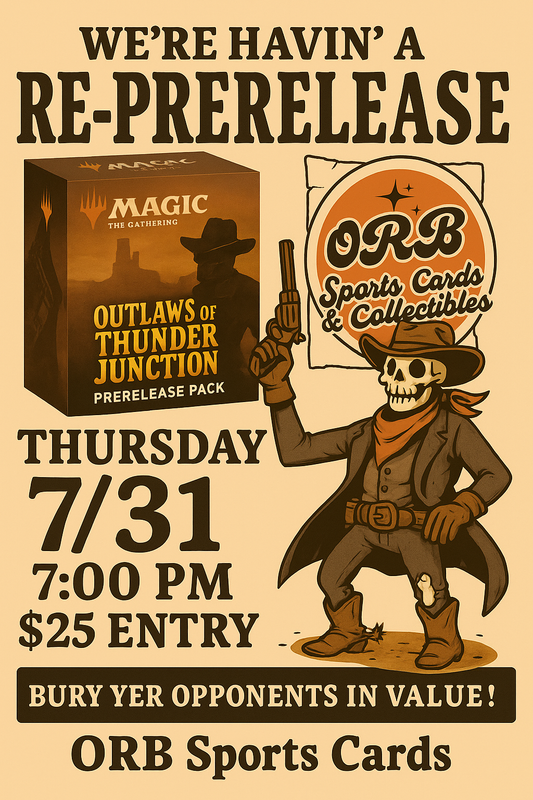 Promotional poster for a 'Re-Prerelease' event at ORB Sports Cards & Collectibles with cowboy-themed graphics.
