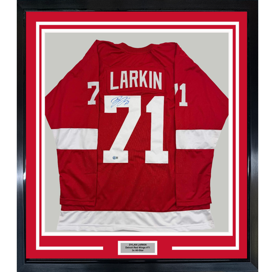 Framed Autographed/Signed Dylan Larkin 35x39 Detroit Red Hockey Jersey Beckett BAS COA
