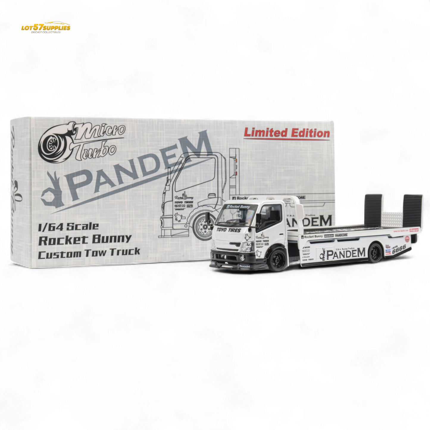 MicroTurbo Hino 300 Flat Bed Truck Pandem Rocket Bunny White 1:64
