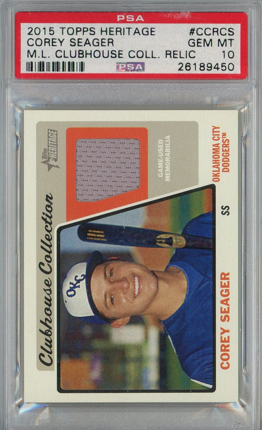 Graded 2015 Topps Heritage Corey Seager #CCRCS Major League Clubhouse Collection Relic Rookie RC Baseball Card PSA 10 Gem Mint