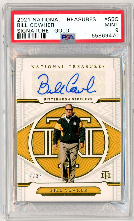 Graded 2021 National Treasures Bill Cowher #SBC /35 Autographed Football Card PSA 9 Mint