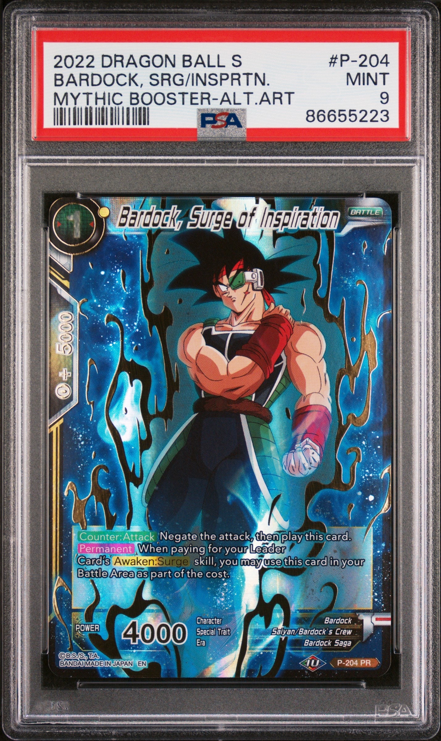 2022 DRAGON BALL SUPER MYTHIC BOOSTER BARDOCK, SRG/INSPRTN. #P-204 - PSA 9