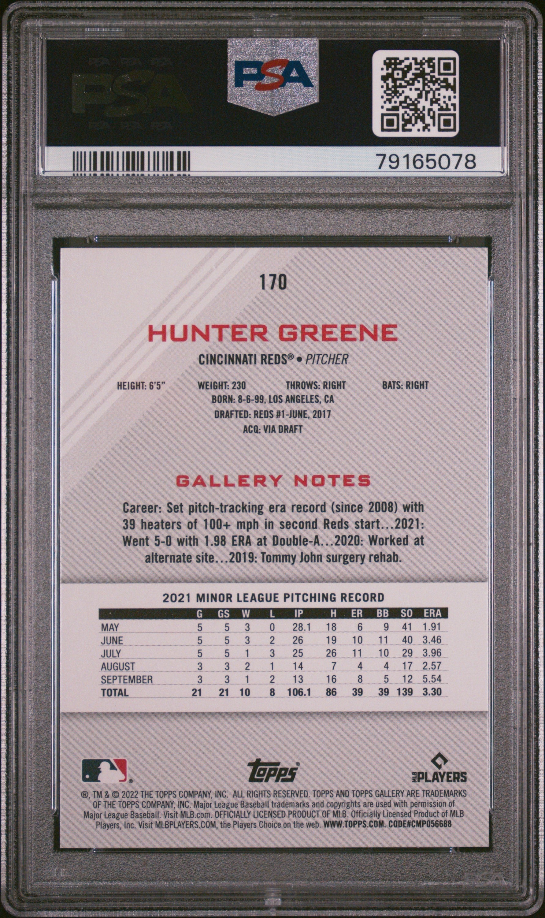 Graded 2022 Topps Gallery Hunter Greene #170 Rookie RC Baseball