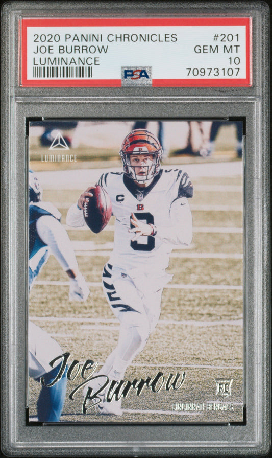 Graded 2020 Panini Chronicles Joe Burrow #201 Luminance Rookie RC Football Card PSA 10 Gem Mint
