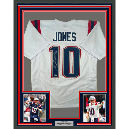 Framed Autographed/Signed Mac Jones 35x39 New England White Football Jersey Beckett BAS COA