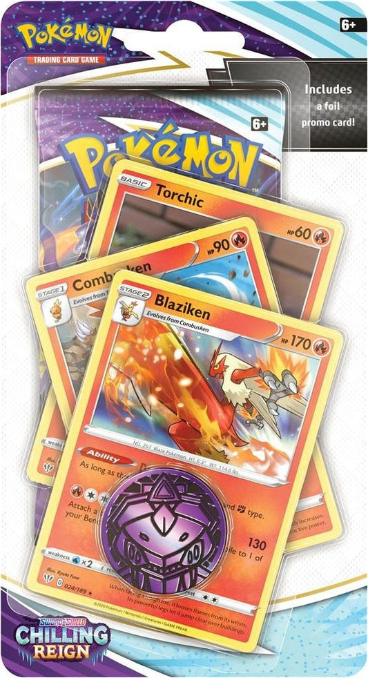 Pokémon Chilling Reign Blaziken, Combusken and Torchic Premium Checklane Blister