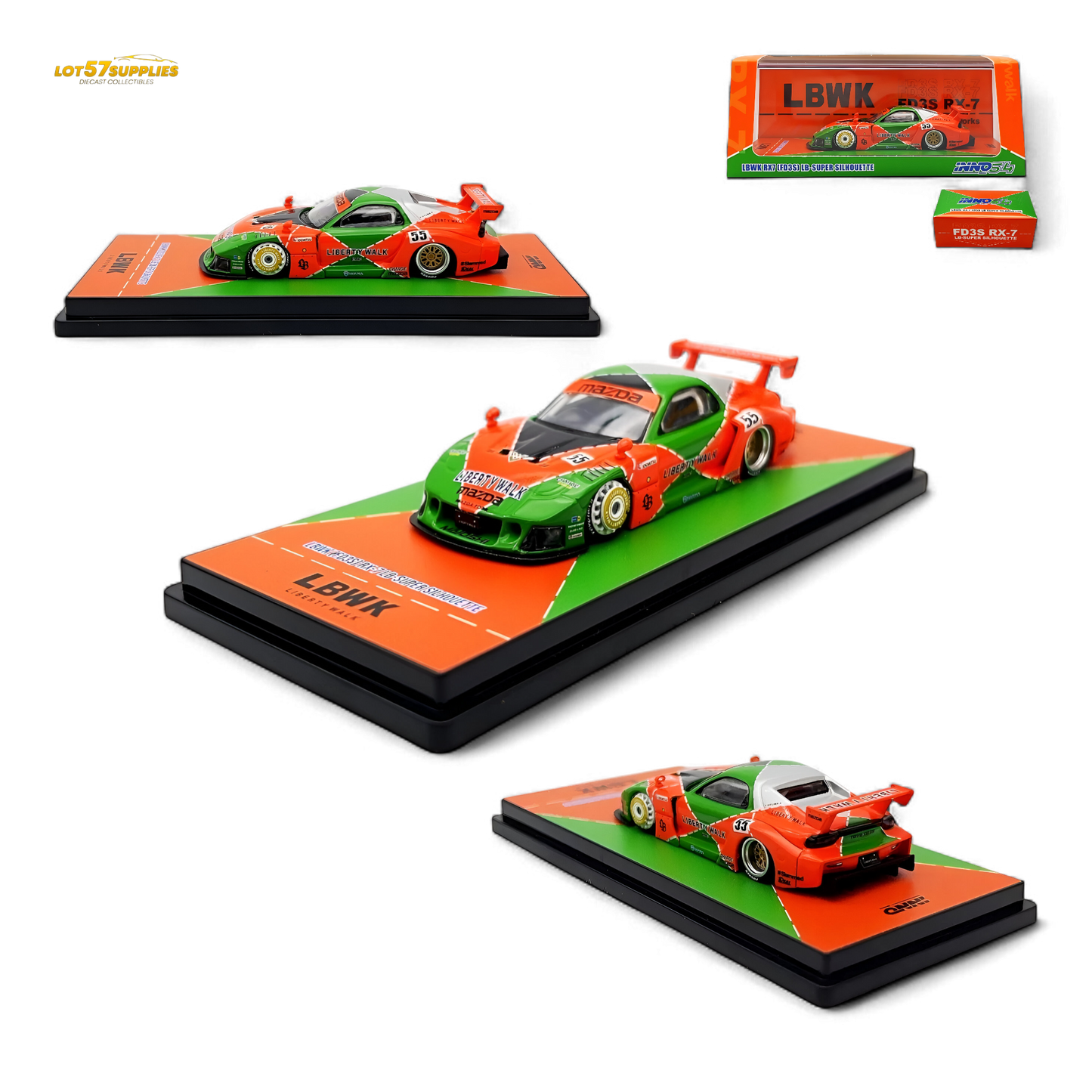 Inno64 Mazda RX-7 LBWK Orange/Green 1:64