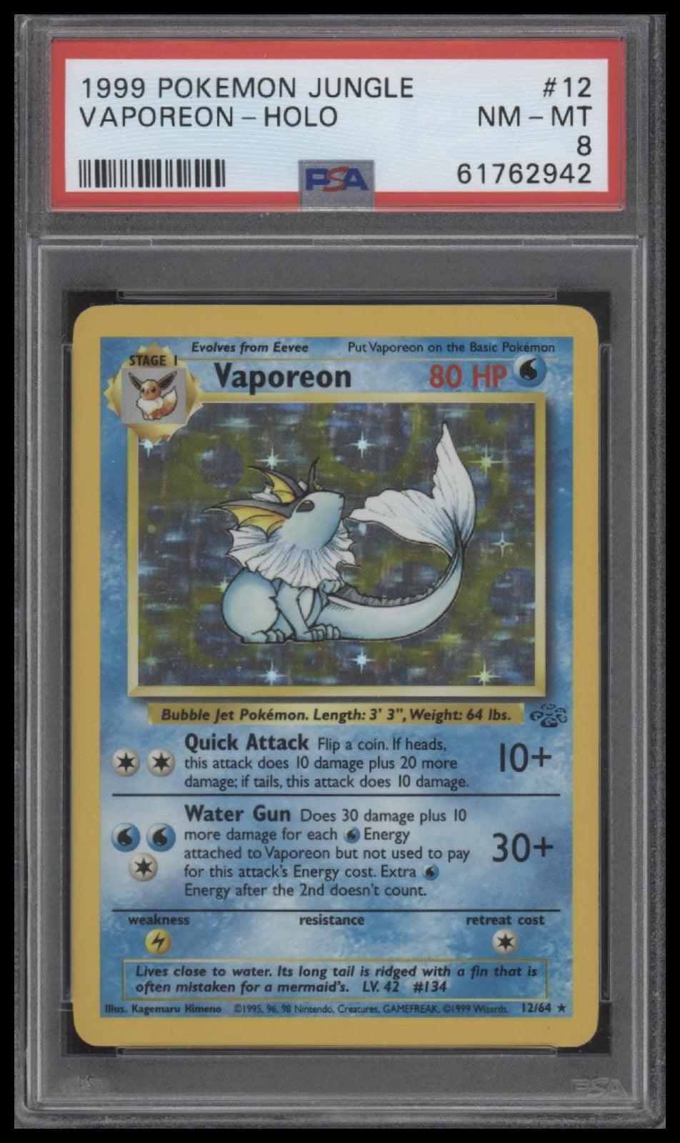 Vaporeon-Holo 1999 Pokemon Jungle #12 PSA 8