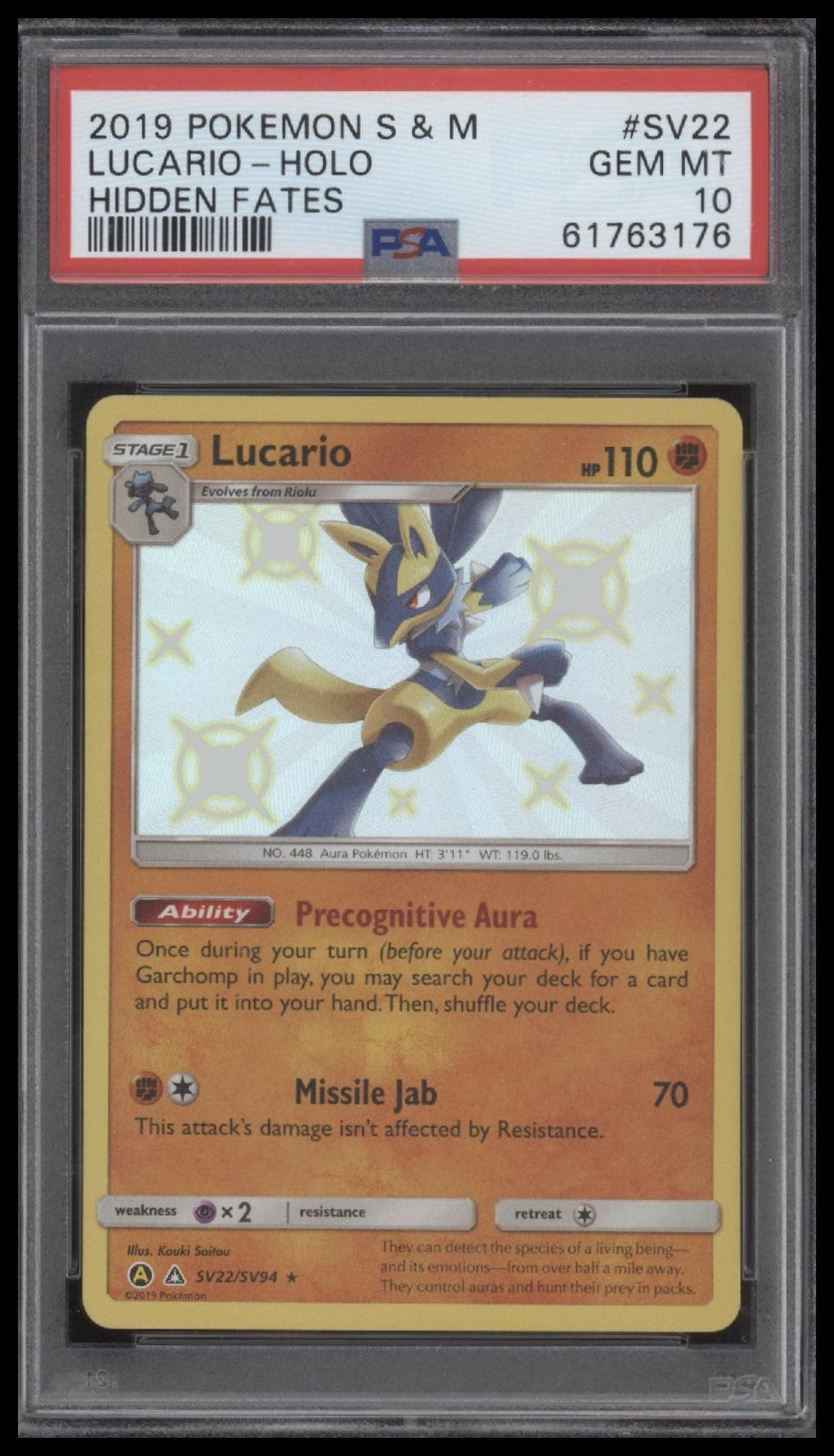 Lucario-Holo 2019 Pokemon Sun & Moon Hidden Fates #SV22 Hidden Fates PSA 10