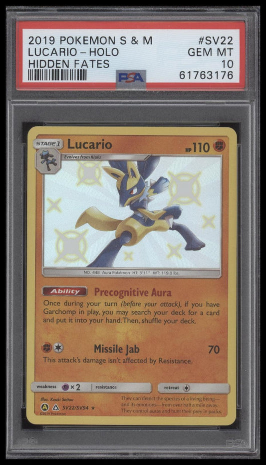 Lucario-Holo 2019 Pokemon Sun & Moon Hidden Fates #SV22 Hidden Fates PSA 10