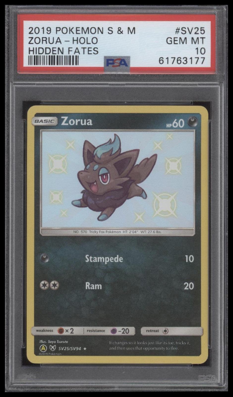 Zorua-Holo 2019 Pokemon Sun & Moon Hidden Fates #SV25 Hidden Fates PSA 10