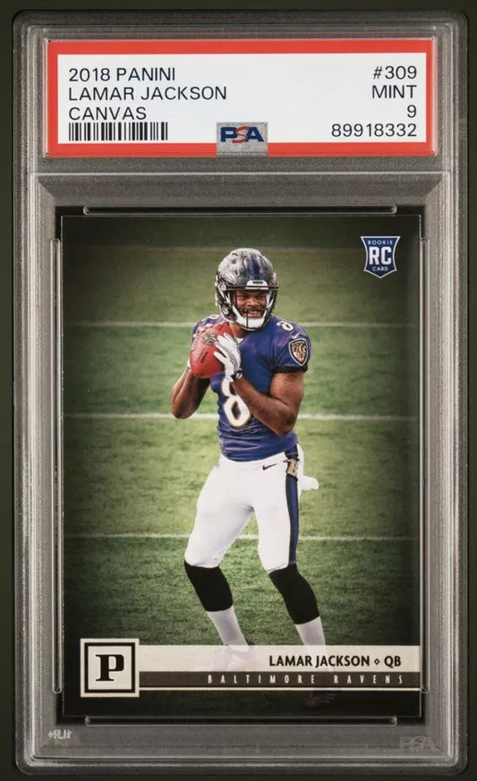 Graded 2018 Panini Lamar Jackson #309 Canvas Rookie RC Football Card PSA 9 Mint