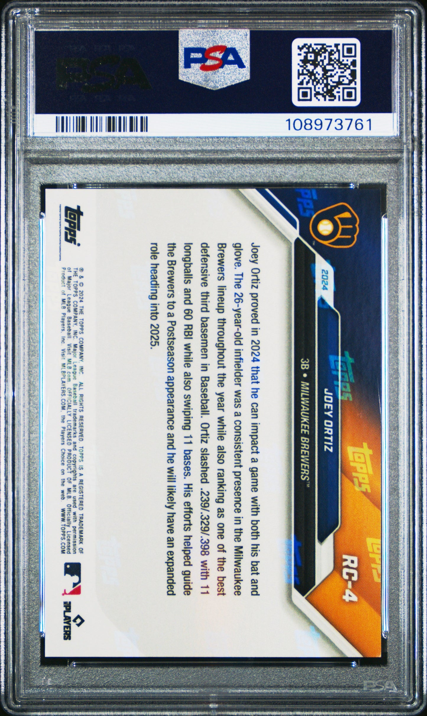 Graded 2024 Topps Now Joey Ortiz #RC4 Rookie Cup Team Set Baseball Card PSA 10 Gem Mint