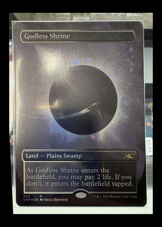 Godless Shrine #533 Unfinity borderless Galaxy Foil Magic card front - full photographed perimeter retained with black safety border