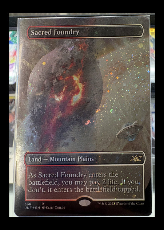 Sacred Foundry #536 Unfinity borderless Galaxy Foil Magic card front - full photographed perimeter retained with black safety border